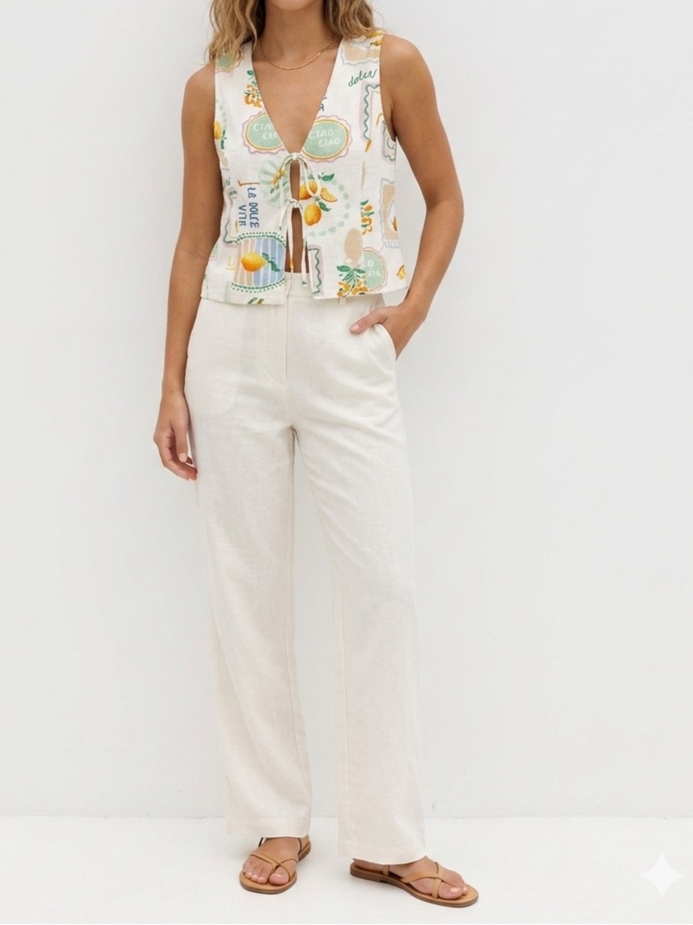 Paper Heart Cream Tie-Front Sleeveless Top with Citrus Print